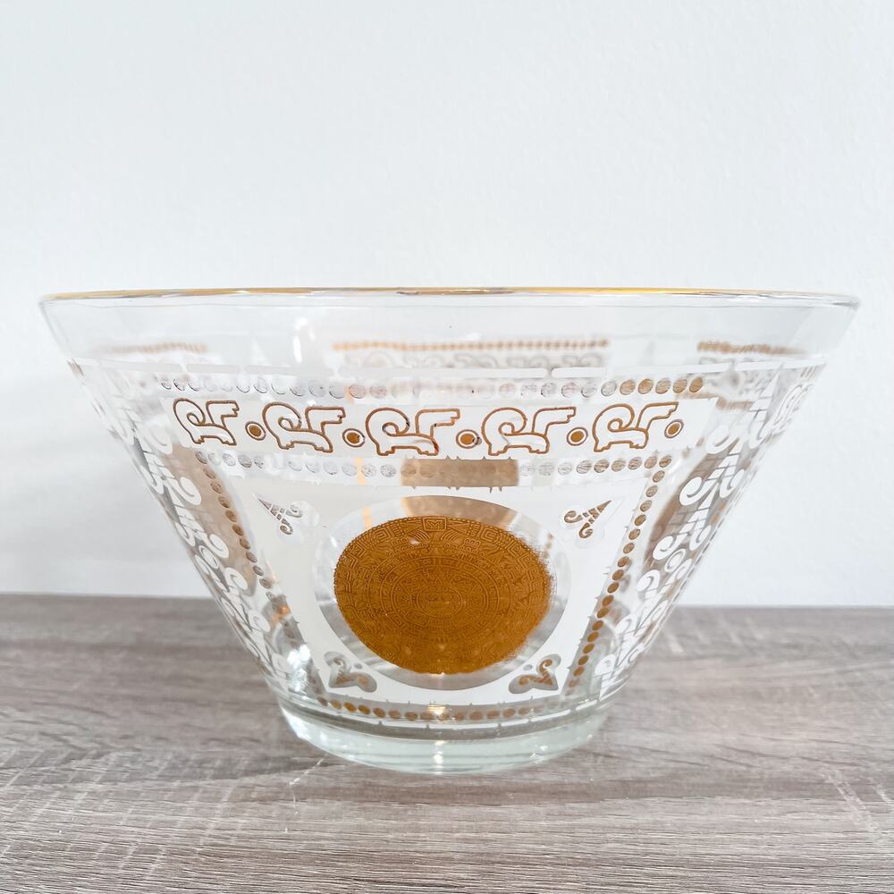 Vintage Hazel Atlas Aztec Mayan Gold Medallion MCM Glass Serving Bowl 22K